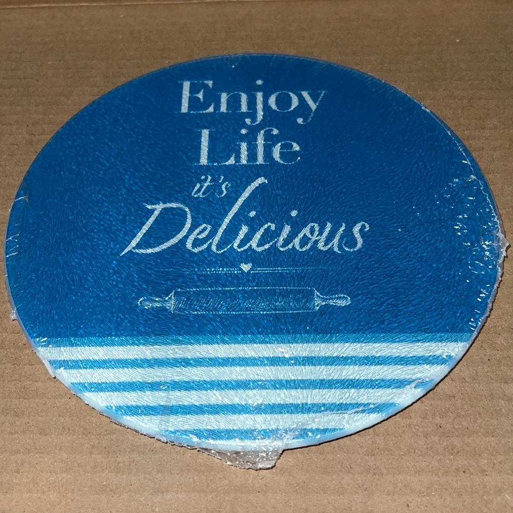 “Enjoy Life it’s Delicious” Blue Striped Cooking Concepts Glass Cutting Board